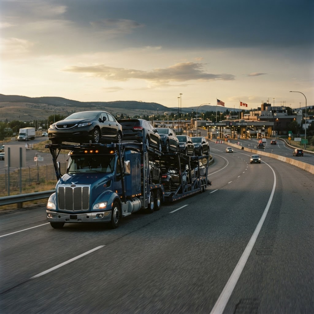 Auto-carrier truck loaded with vehicles heading toward a border crossing